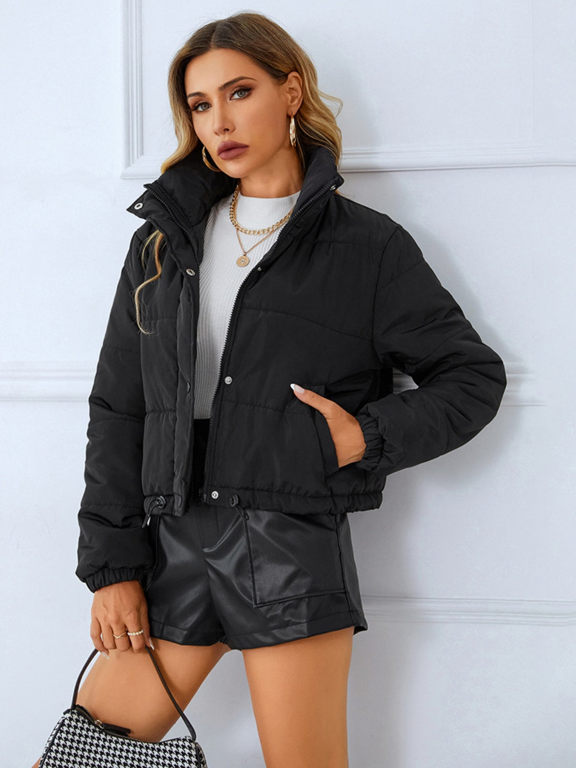 Snap and Zip Closure Drawstring Cropped Winter Coat - Celeste    