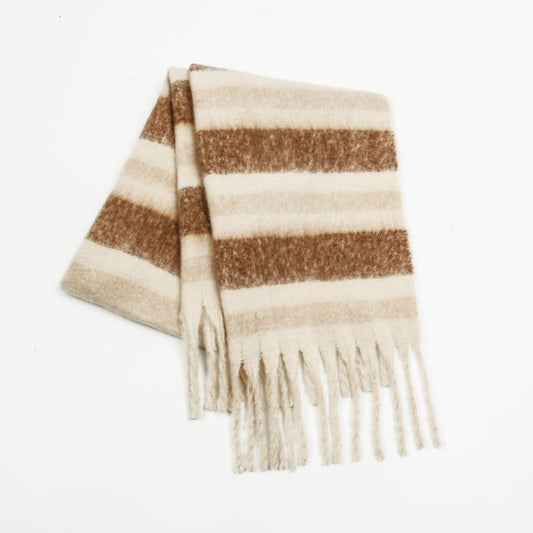 Fringe Contrast Striped Polyester Scarf - Celeste    