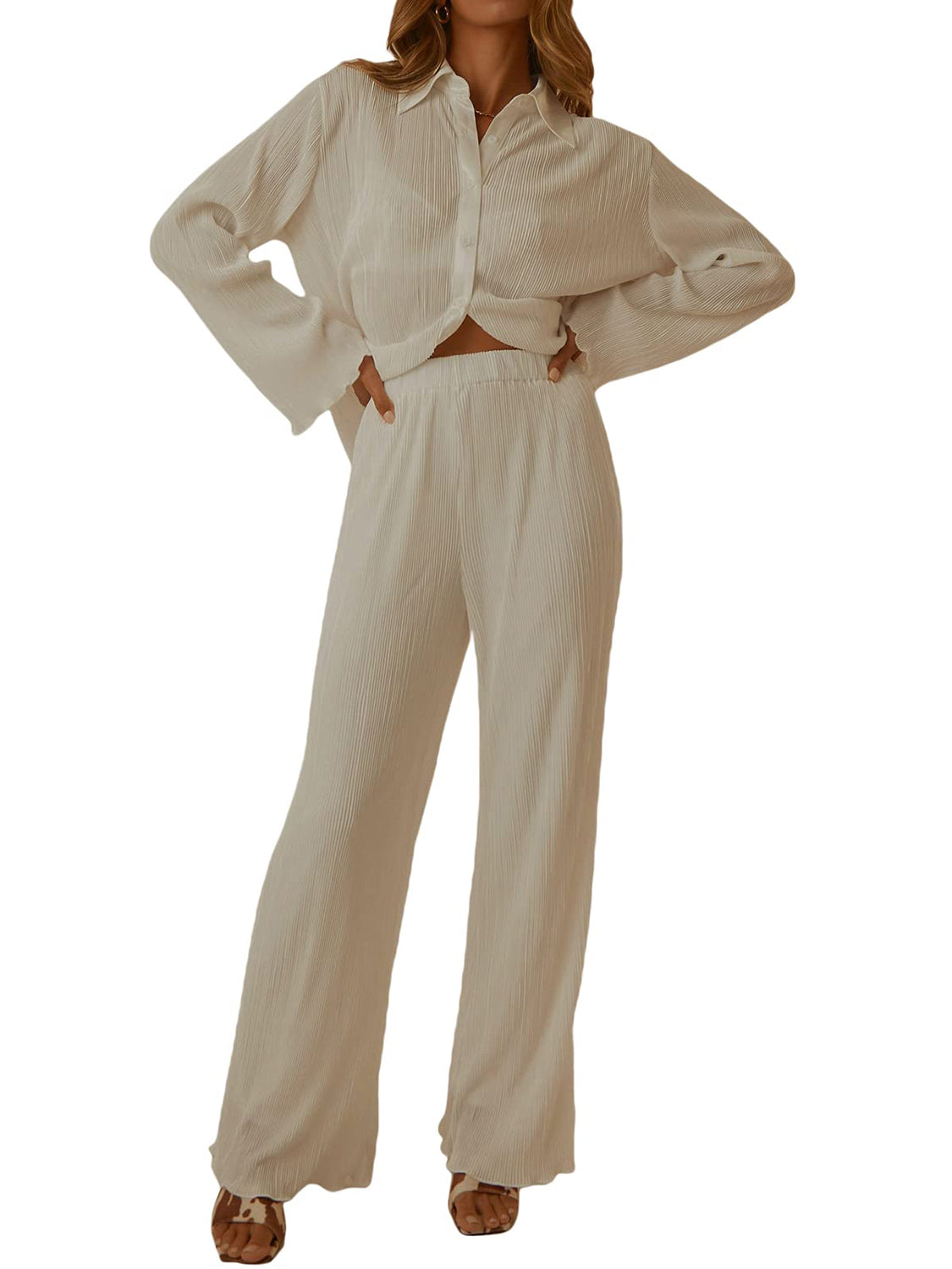 Collared Neck Long Sleeve Top and Pants Lounge Set - Celeste    