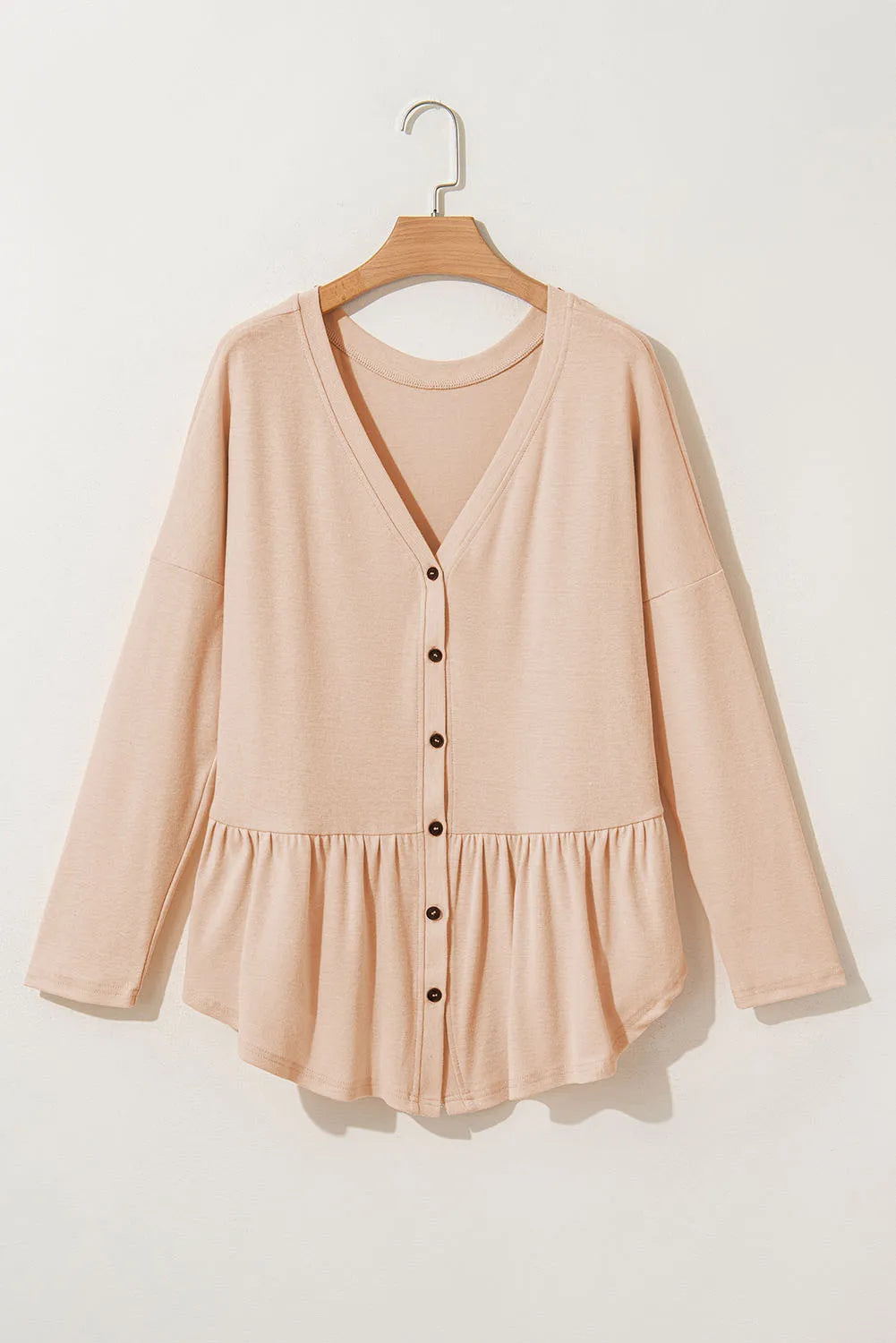 Curved Hem V-Neck Long Sleeve Top - Celeste    