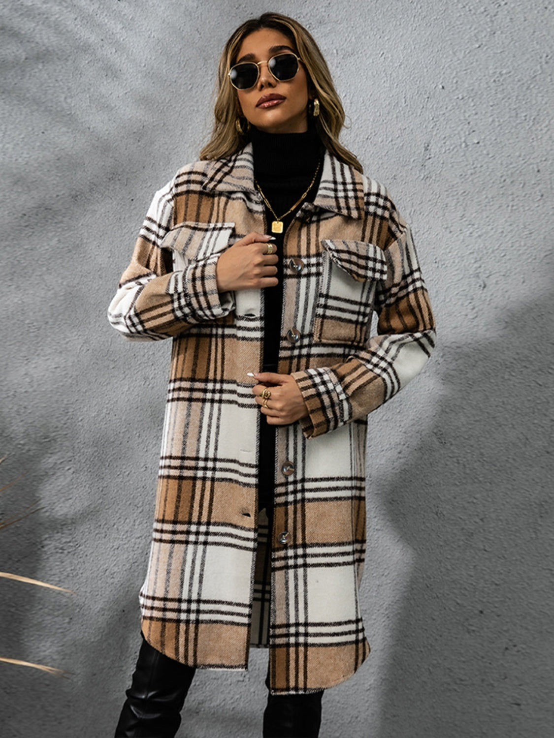 Plaid Collared Neck Long Sleeve Coat - Celeste    