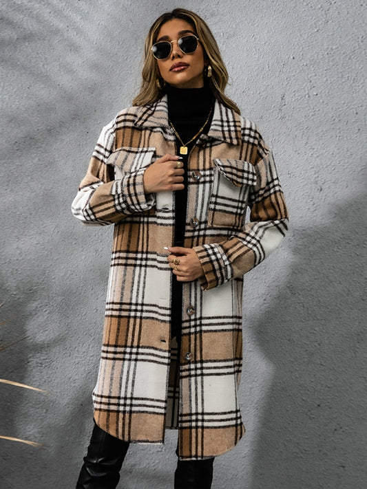 Plaid Collared Neck Long Sleeve Coat - Celeste    