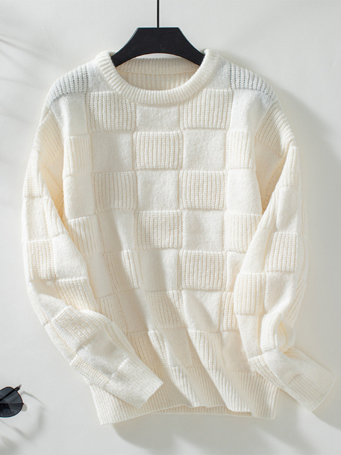 Checkered Round Neck Long Sleeve Sweater - Celeste    