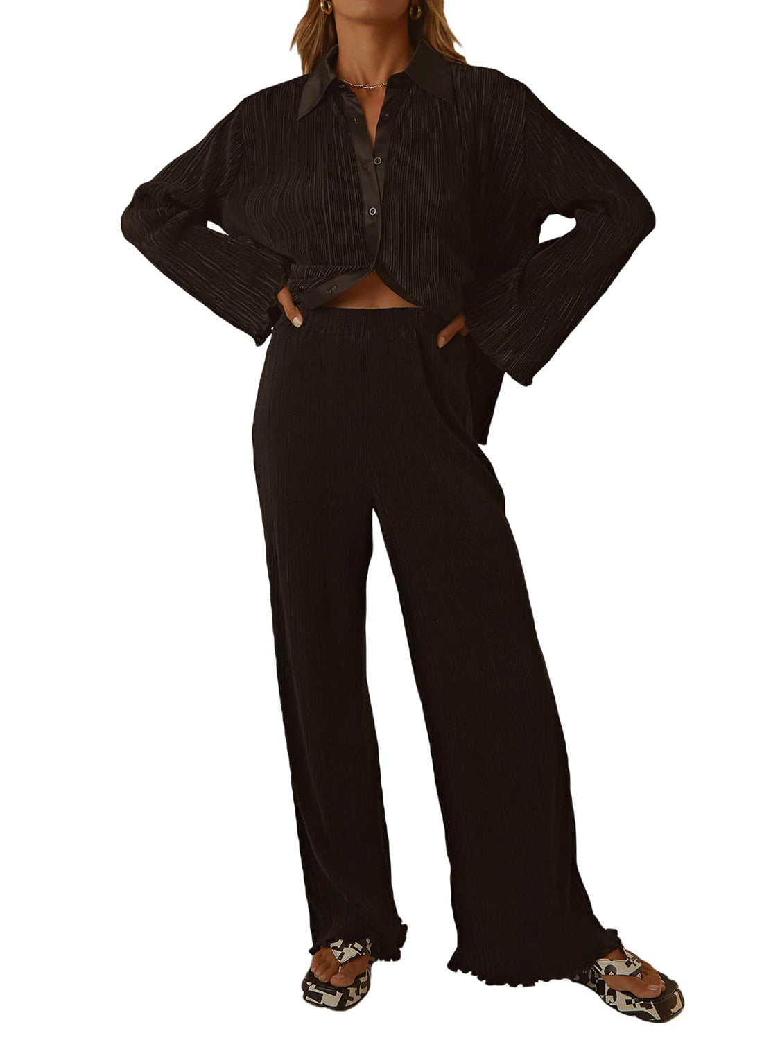 Collared Neck Long Sleeve Top and Pants Lounge Set - Celeste    