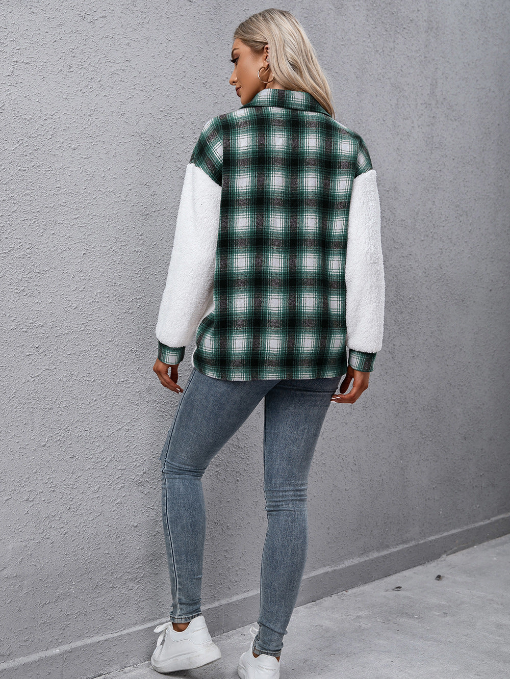 Ivy Lane Plaid Collared Neck Button Down Jacket - Celeste    