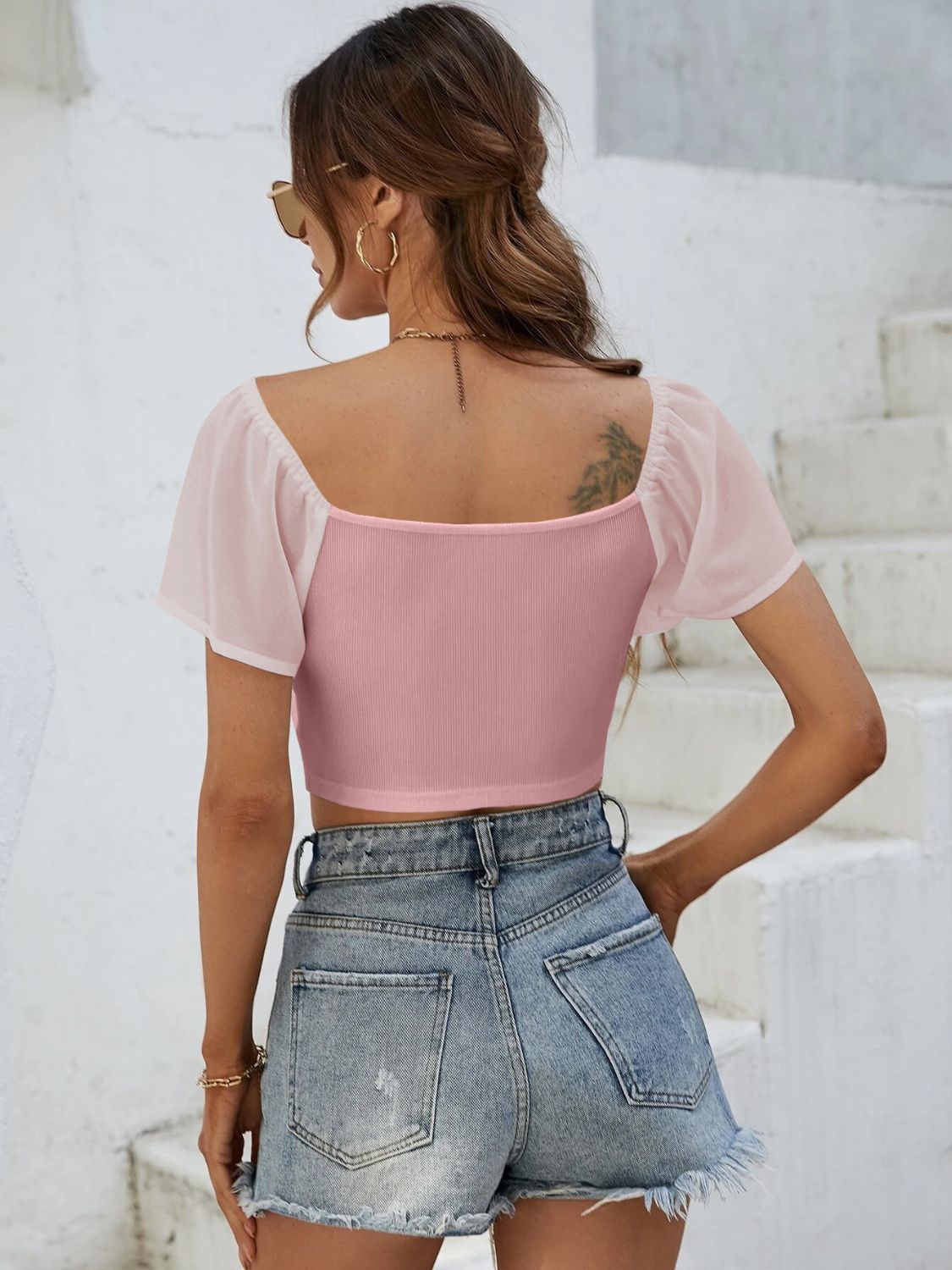 Drawstring Short Sleeve Crop Top - Celeste    