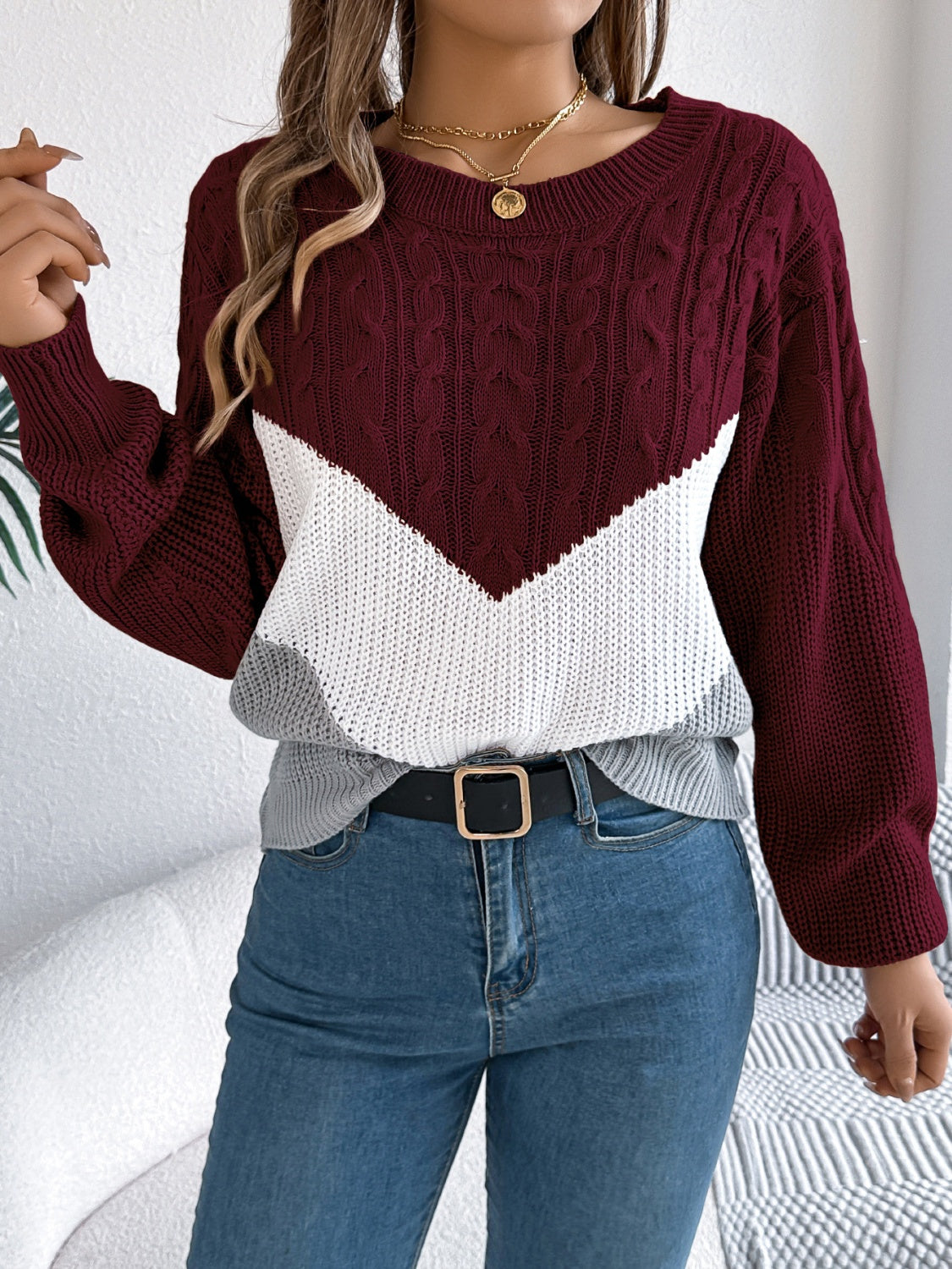 Cable-Knit Color Block Round Neck Sweater - Celeste    