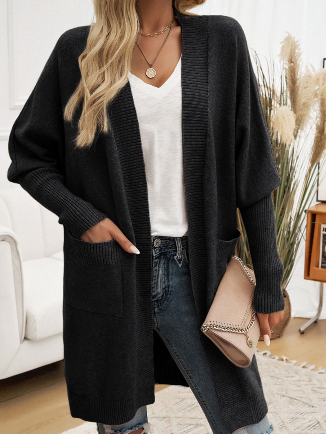 Devine Open Front Long Sleeve Cardigan - Celeste    