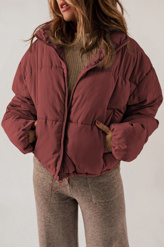 Zip Up Collared Neck Long Sleeve Winter Coat - Celeste    