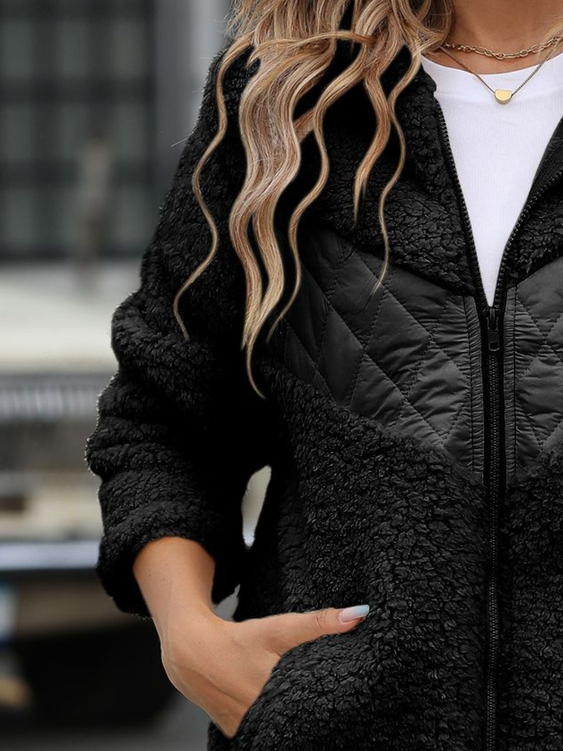 Fuzzy Zip Up Long Sleeve Hooded Jacket - Celeste    