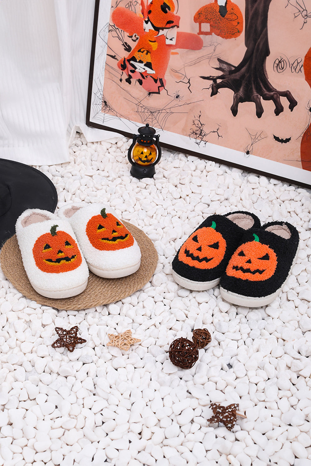 White Halloween Pumpkin Print Plush Slippers (Runs Small, Size Up) - Celeste  Shoes & Bags/Slippers  