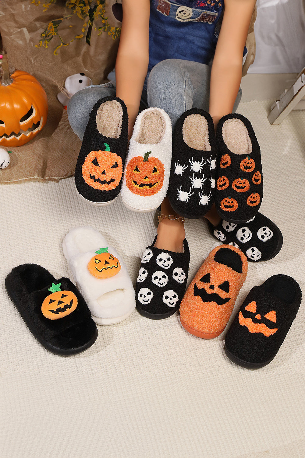 White Halloween Pumpkin Print Plush Slippers (Runs Small, Size Up) - Celeste  Shoes & Bags/Slippers  