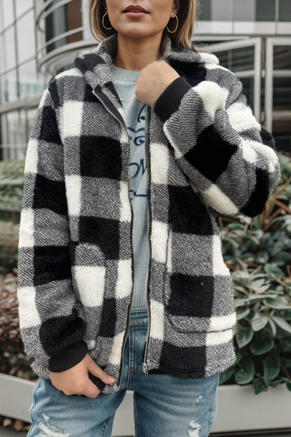Double Take Full Size Plaid Long Sleeve Hooded Coat - Celeste    