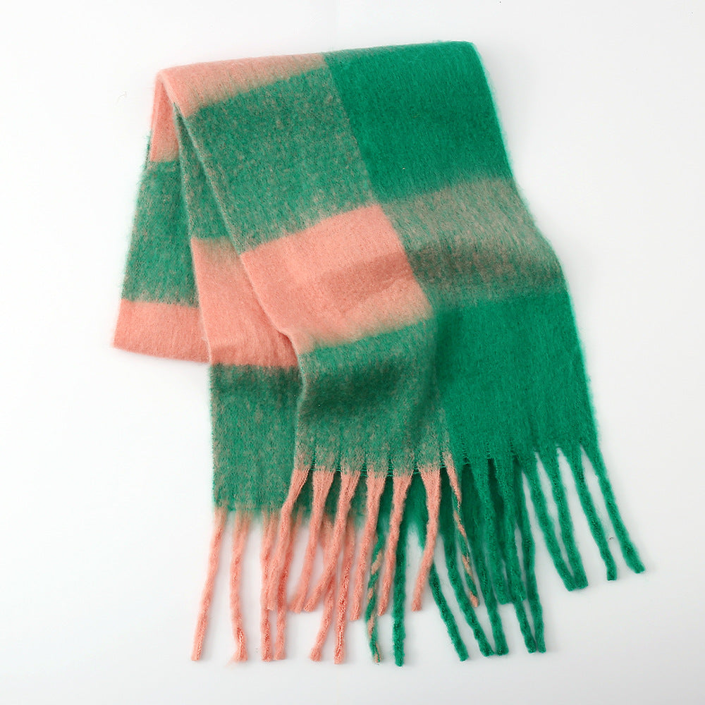 Fringe Contrast Plaid Polyester Scarf - Celeste    