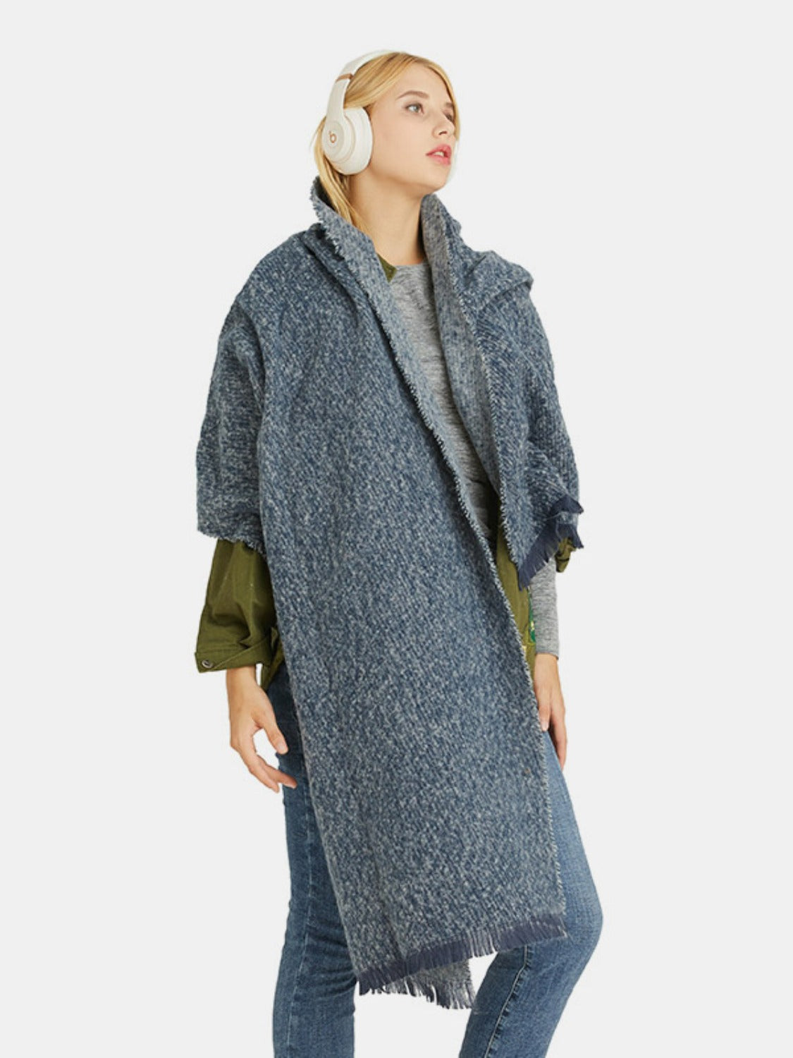 Raw Hem Heathered Polyester Scarf - Celeste    