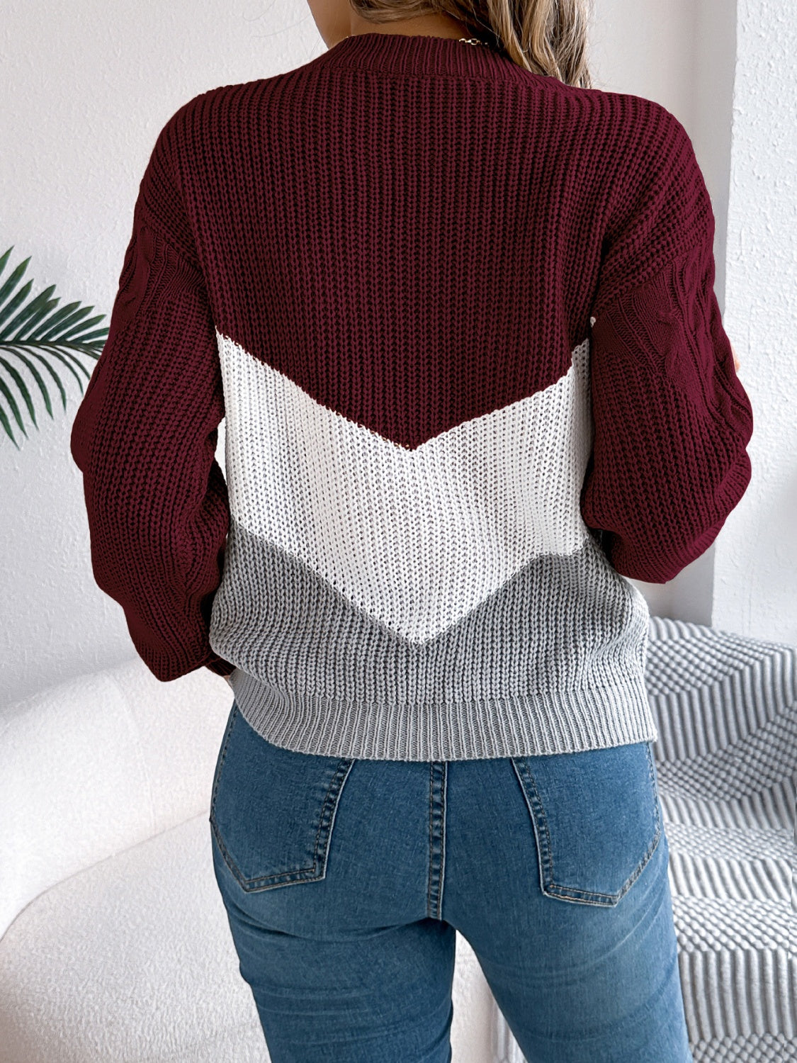 Cable-Knit Color Block Round Neck Sweater - Celeste    