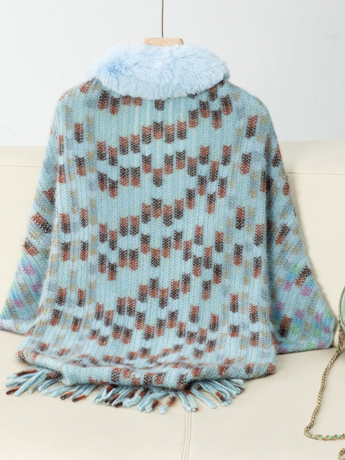 Fringe Fuzzy Open Front Poncho - Celeste    