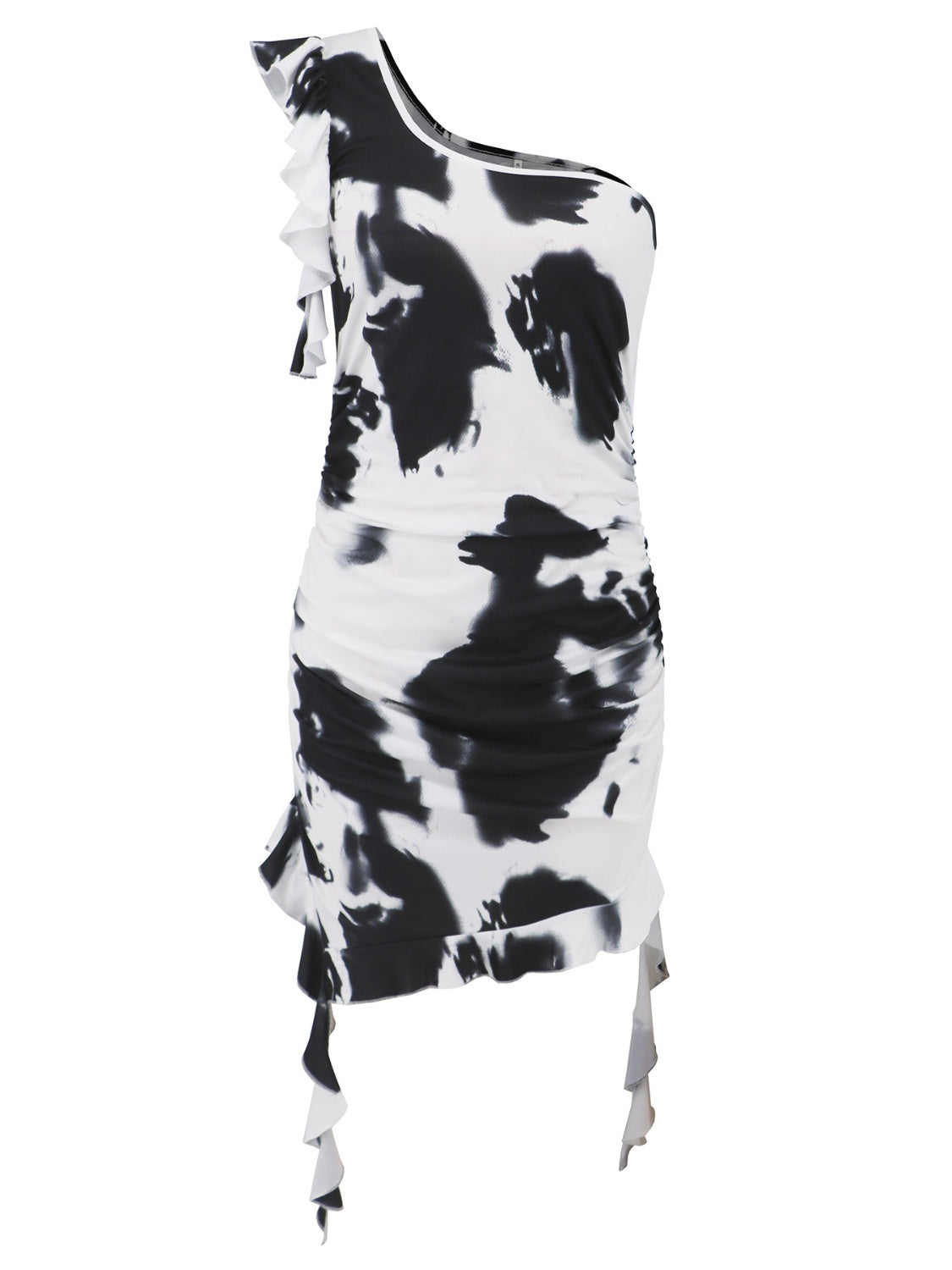 Ruffled Tie-Dye Single Shoulder Mini Dress - Celeste    
