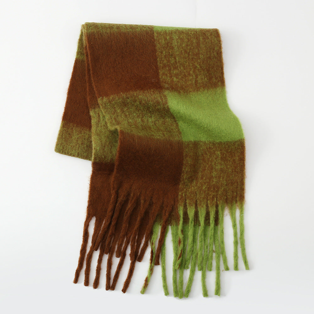 Fringe Contrast Plaid Polyester Scarf - Celeste    