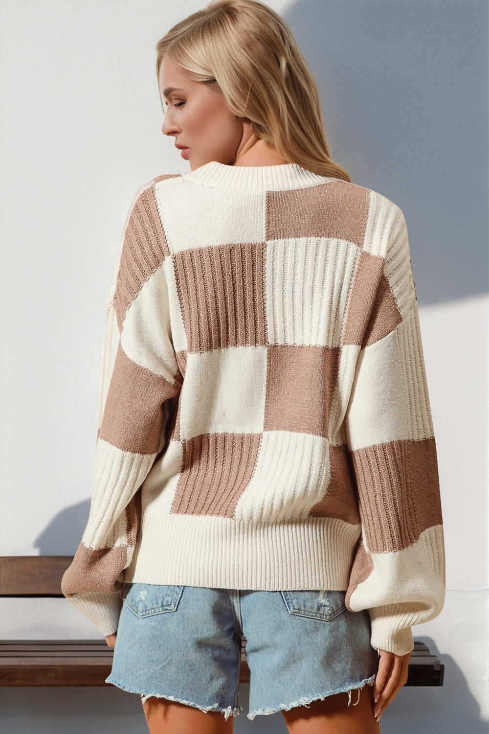 Double Take Full Size Checkered Dropped Shoulder Cardigan - Celeste    