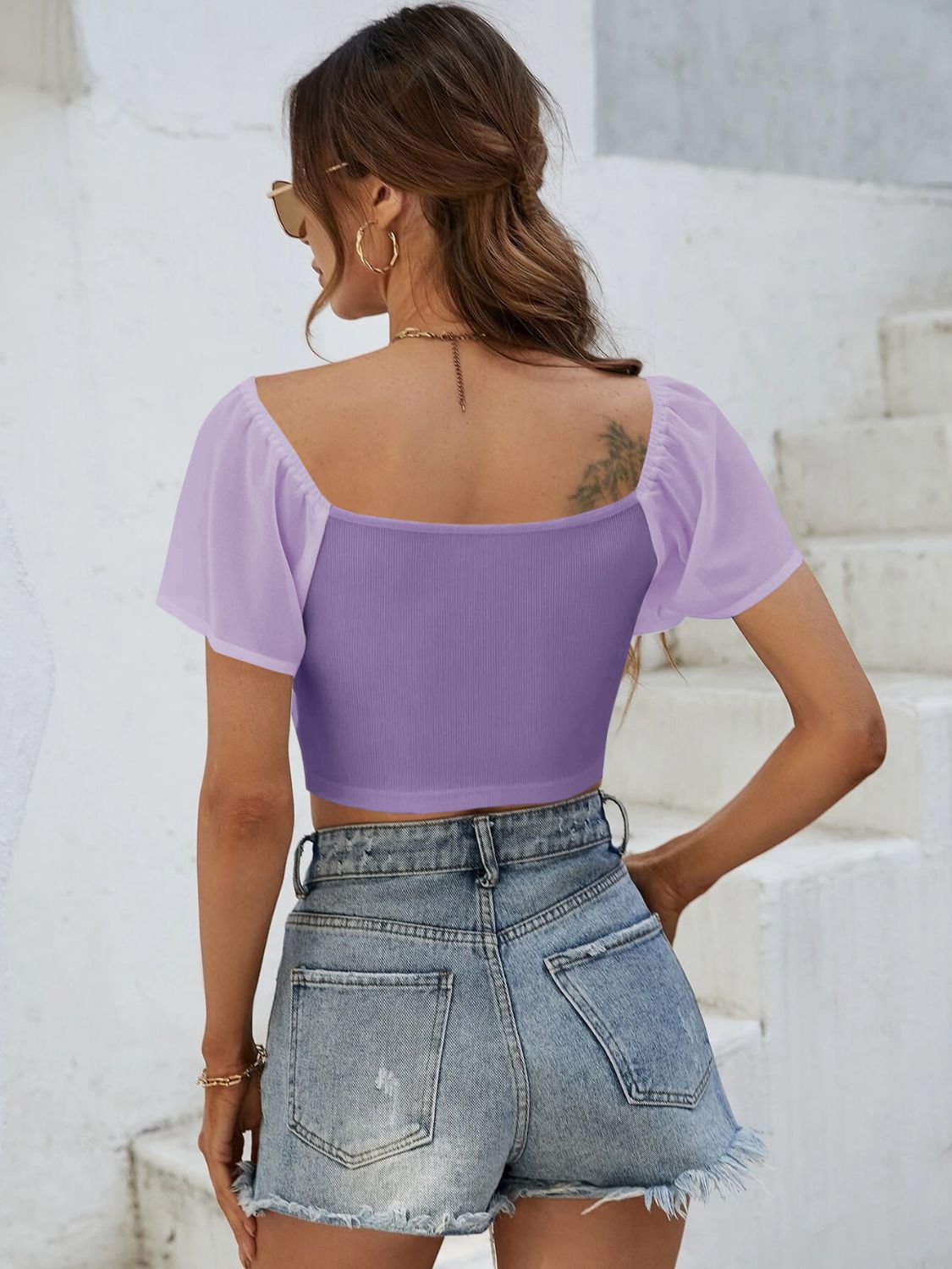 Drawstring Short Sleeve Crop Top - Celeste    