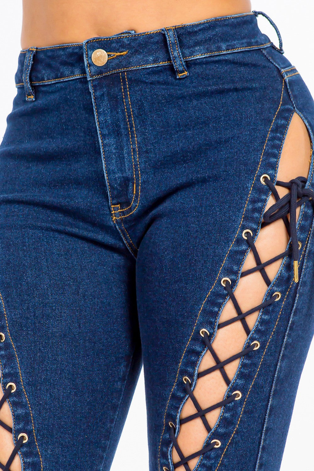 American Bazi High Rise Lace Up Jeans - Celeste    