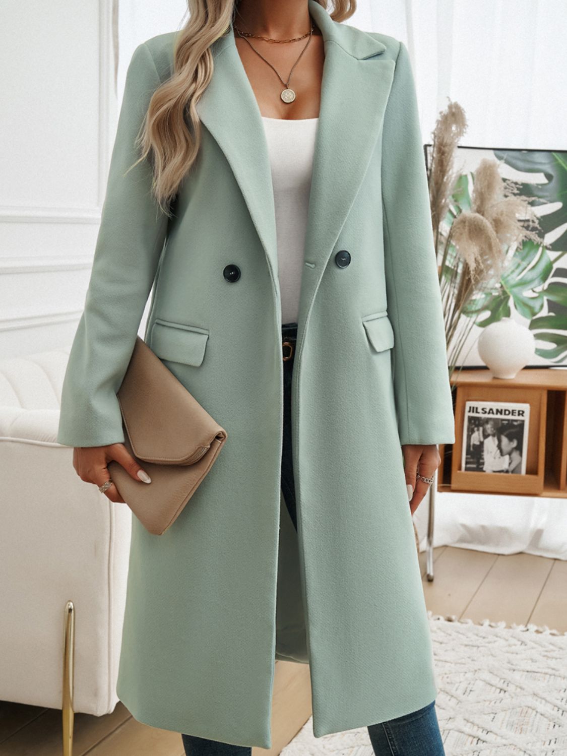 Devine Pocketed Collared Neck Long Sleeve Coat - Celeste    
