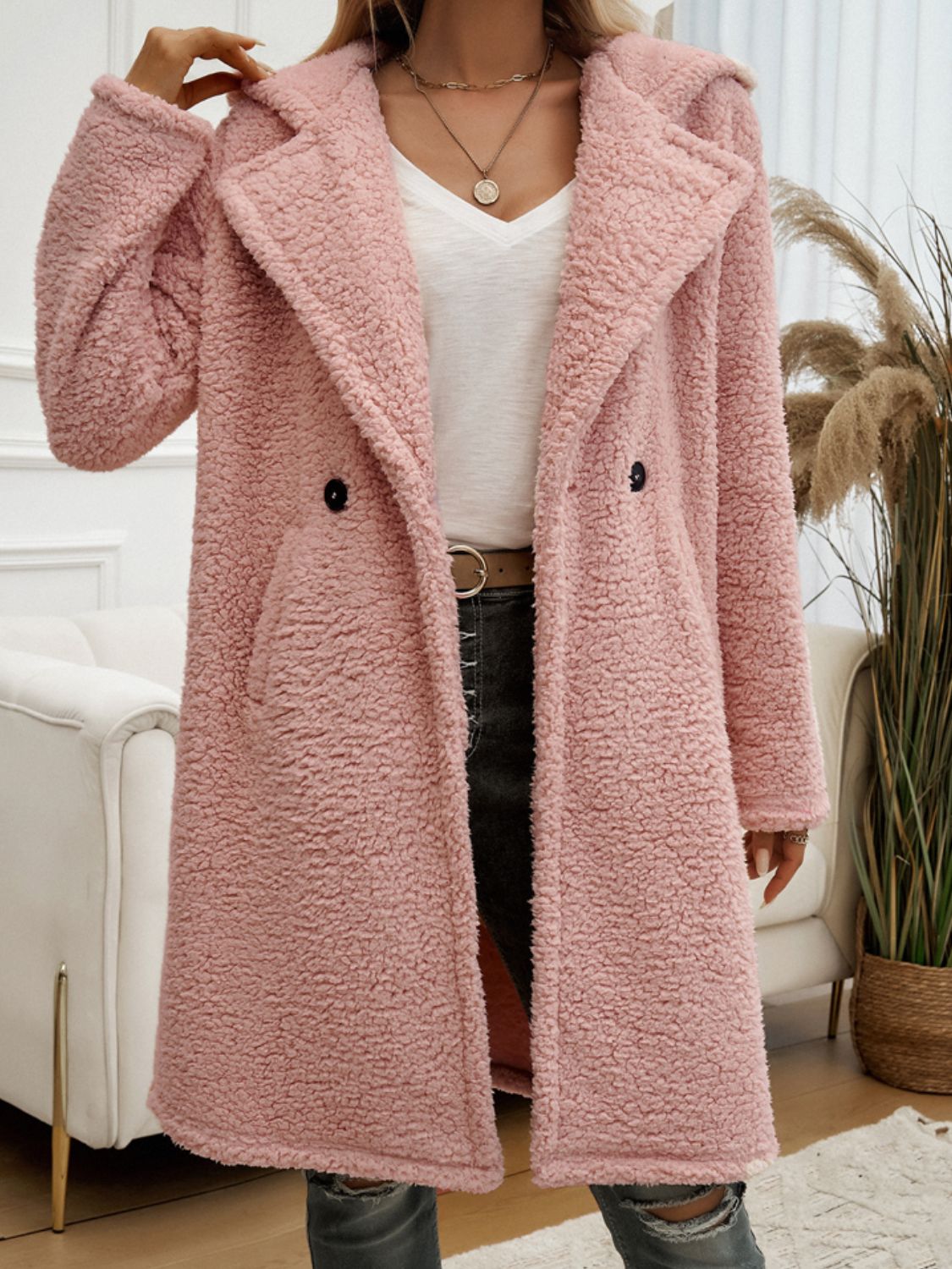 Devine Pocketed Long Sleeve Hooded Teddy Coat - Celeste    