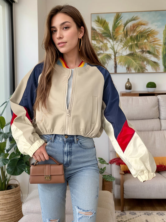 Contrast Baseball Collar Zip Up Long Sleeve Jacket - Celeste    