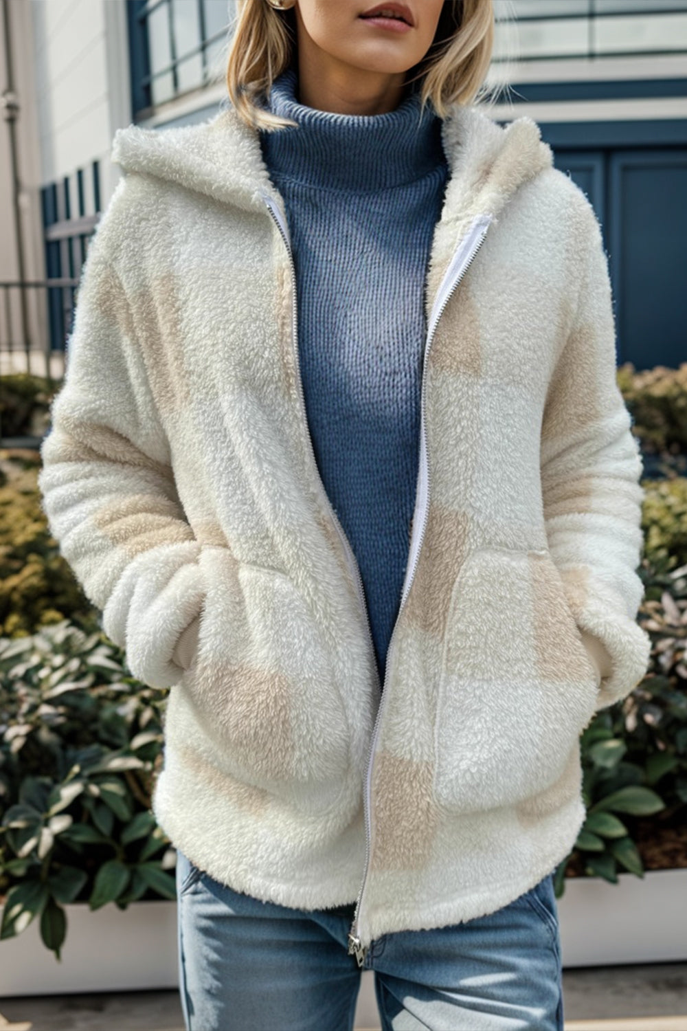 Double Take Full Size Plaid Long Sleeve Hooded Coat - Celeste    