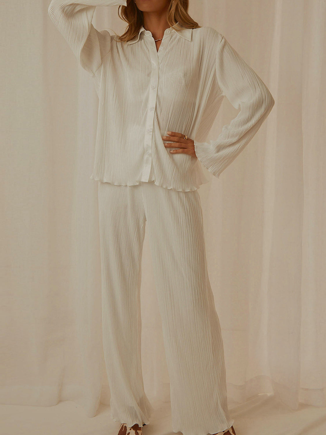 Collared Neck Long Sleeve Top and Pants Lounge Set - Celeste    