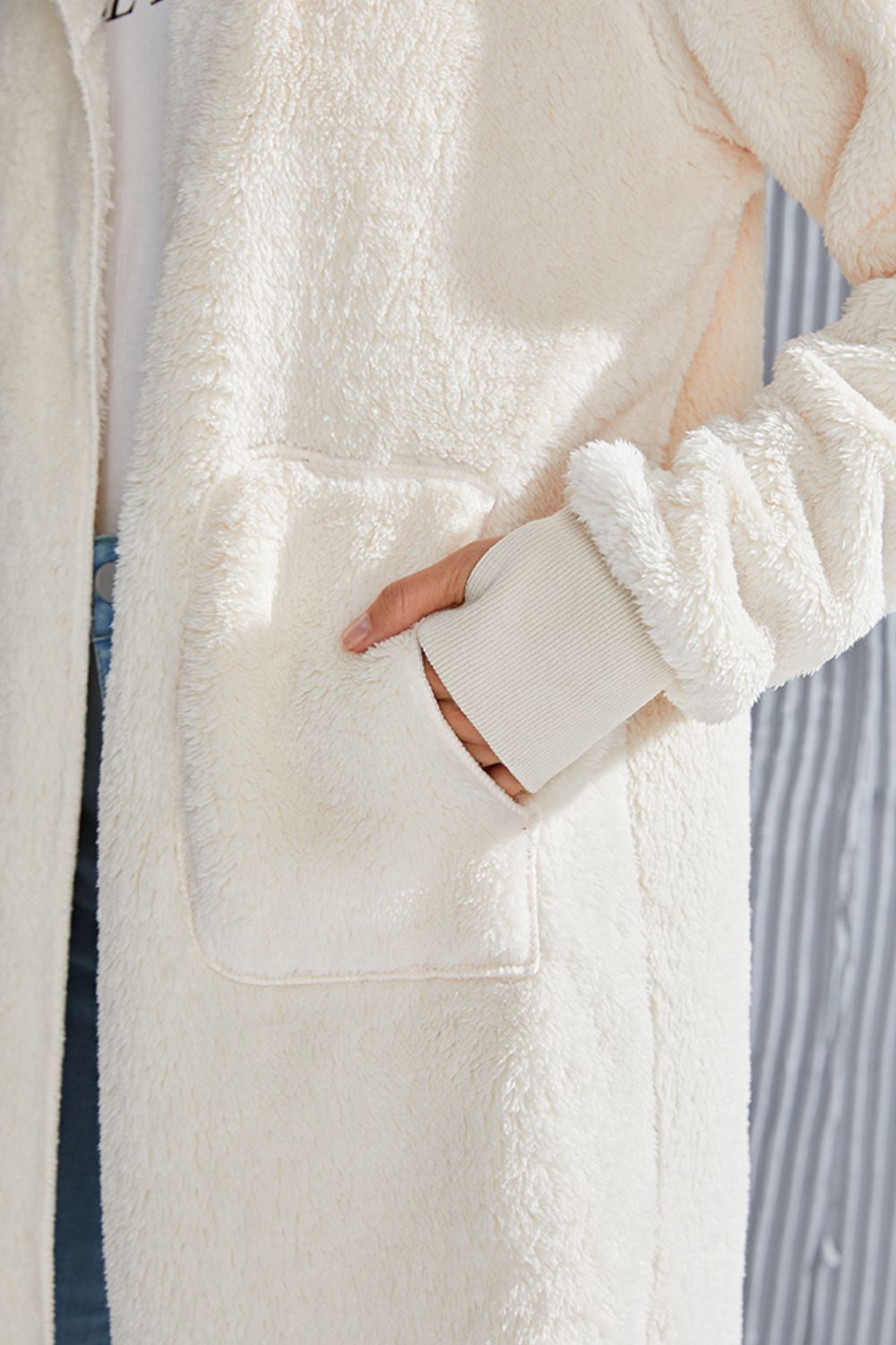 Double Take Full Size Hooded Teddy Bear Jacket with Thumbholes - Celeste    