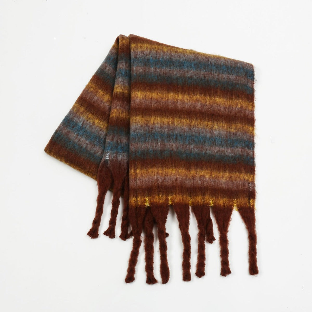 Fringe Contrast Striped Polyester Scarf - Celeste    