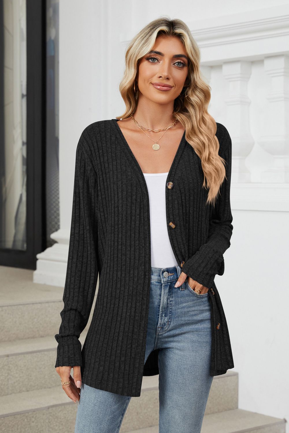 Loose Button Up Long Sleeve Cardigan - Celeste  Sweaters & Cardigans/Cardigans  