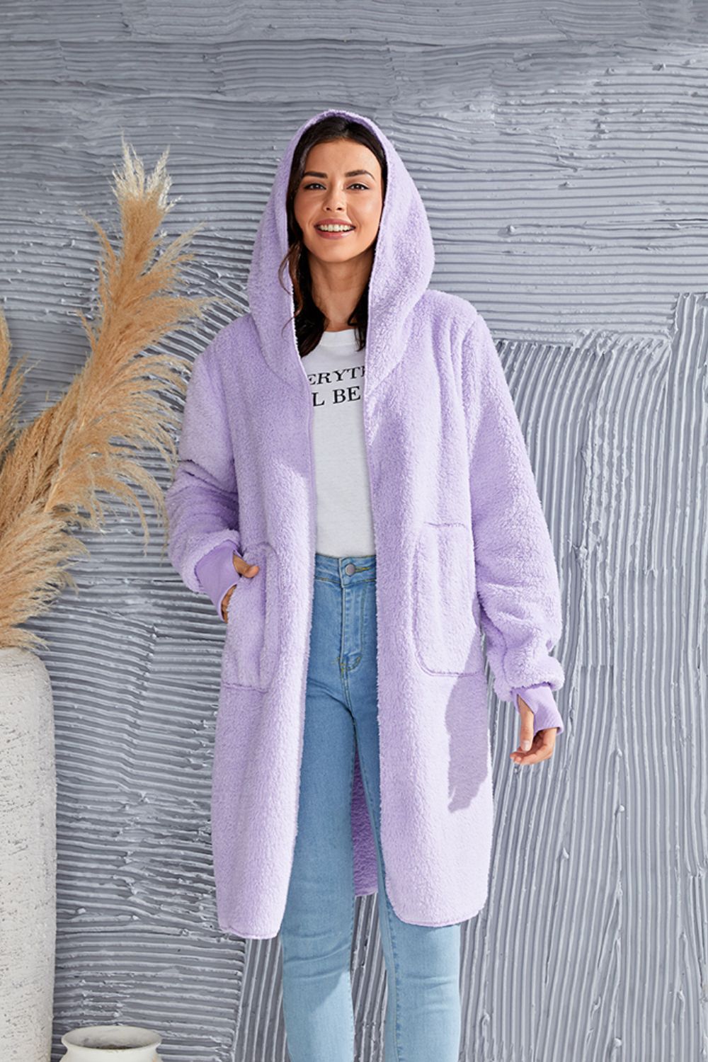 Double Take Full Size Hooded Teddy Bear Jacket with Thumbholes - Celeste    