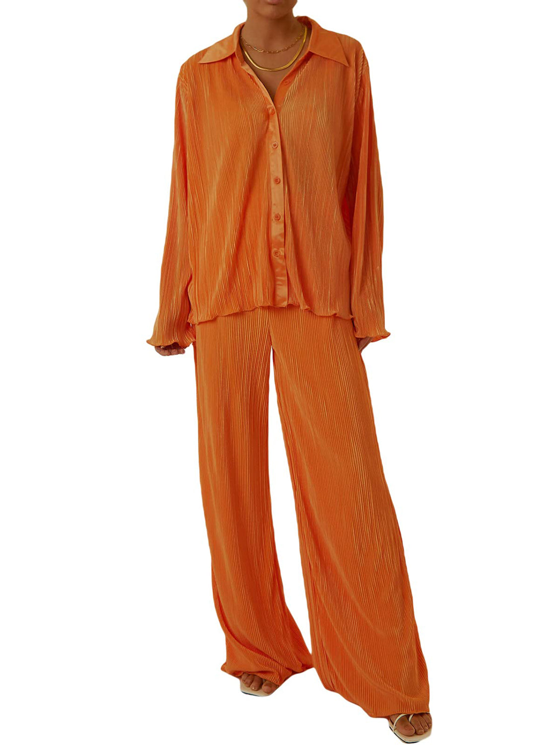 Collared Neck Long Sleeve Top and Pants Lounge Set - Celeste    