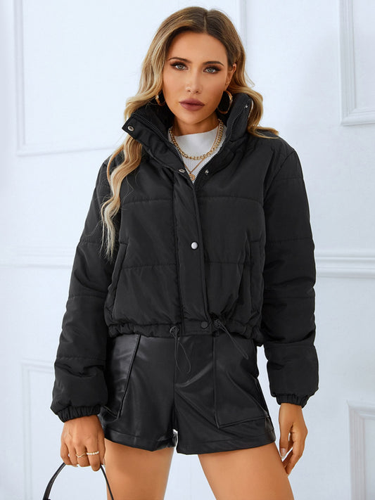 Snap and Zip Closure Drawstring Cropped Winter Coat - Celeste    