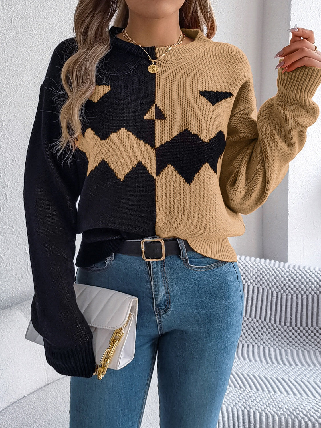 Contrast Round Neck Long Sleeve Sweater - Celeste    