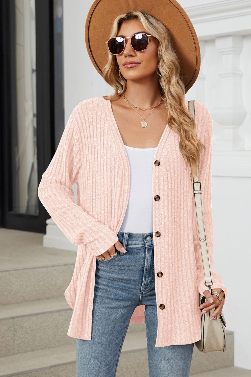 Loose Button Up Long Sleeve Cardigan - Celeste  Sweaters & Cardigans/Cardigans  