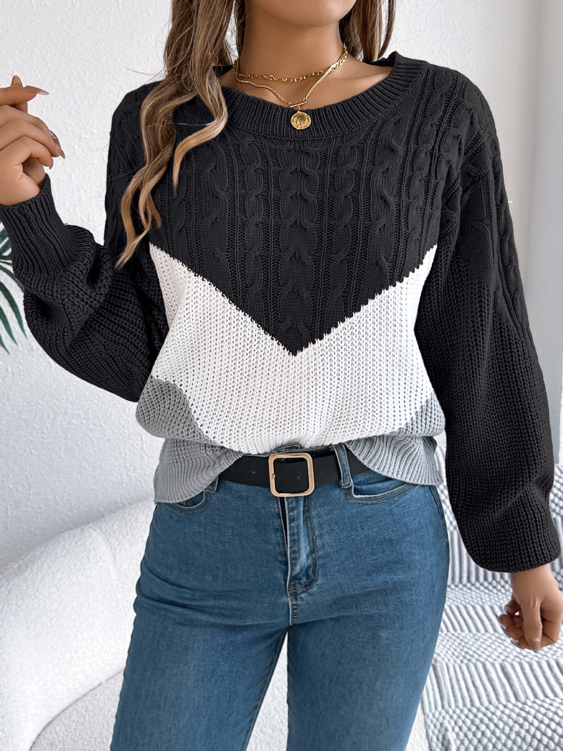 Cable-Knit Color Block Round Neck Sweater - Celeste    