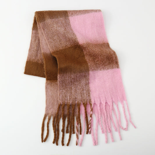 Fringe Contrast Plaid Polyester Scarf - Celeste    
