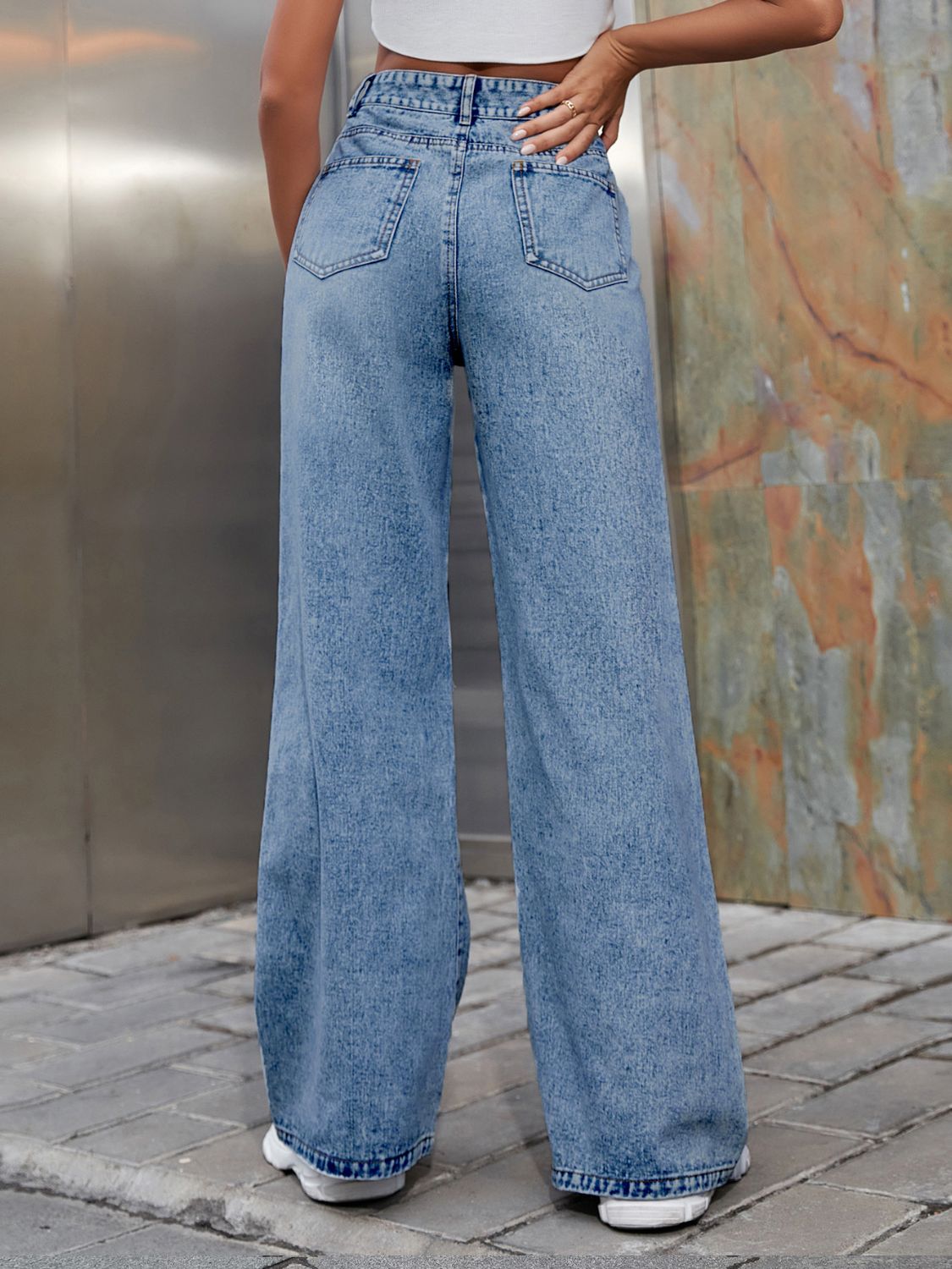 Distressed Wide Leg Jeans with Pockets - Celeste    