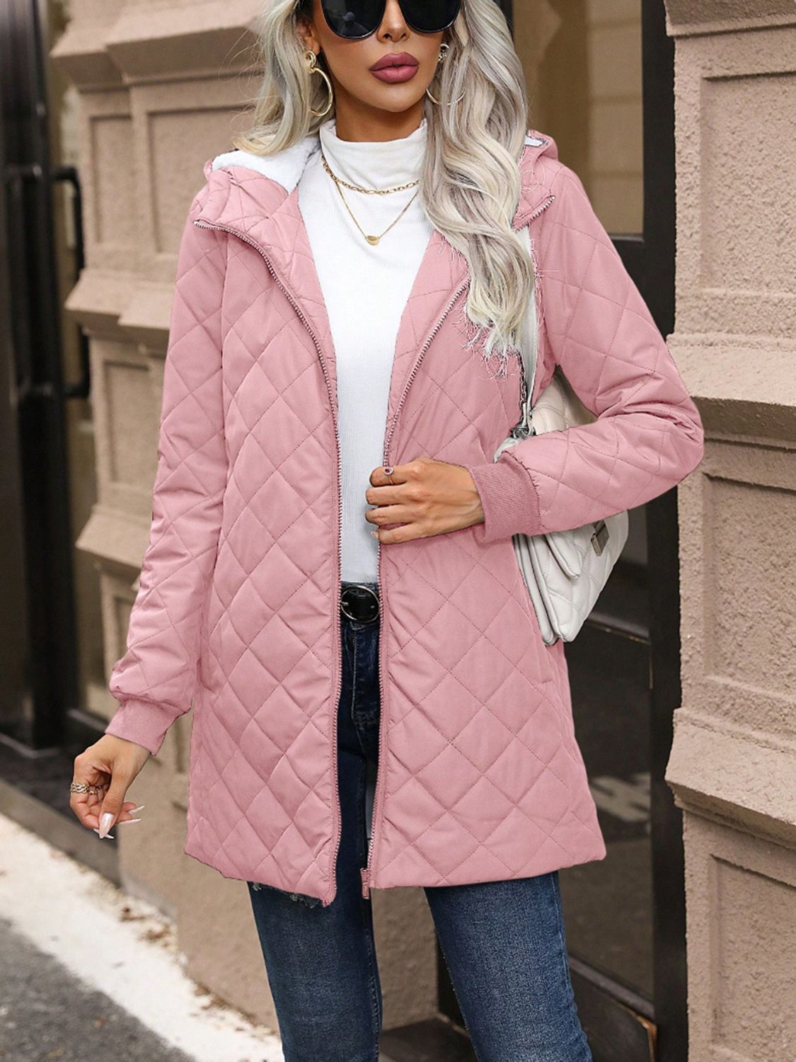 Quilted Zip Up Hooded Jacket with Pockets - Celeste    