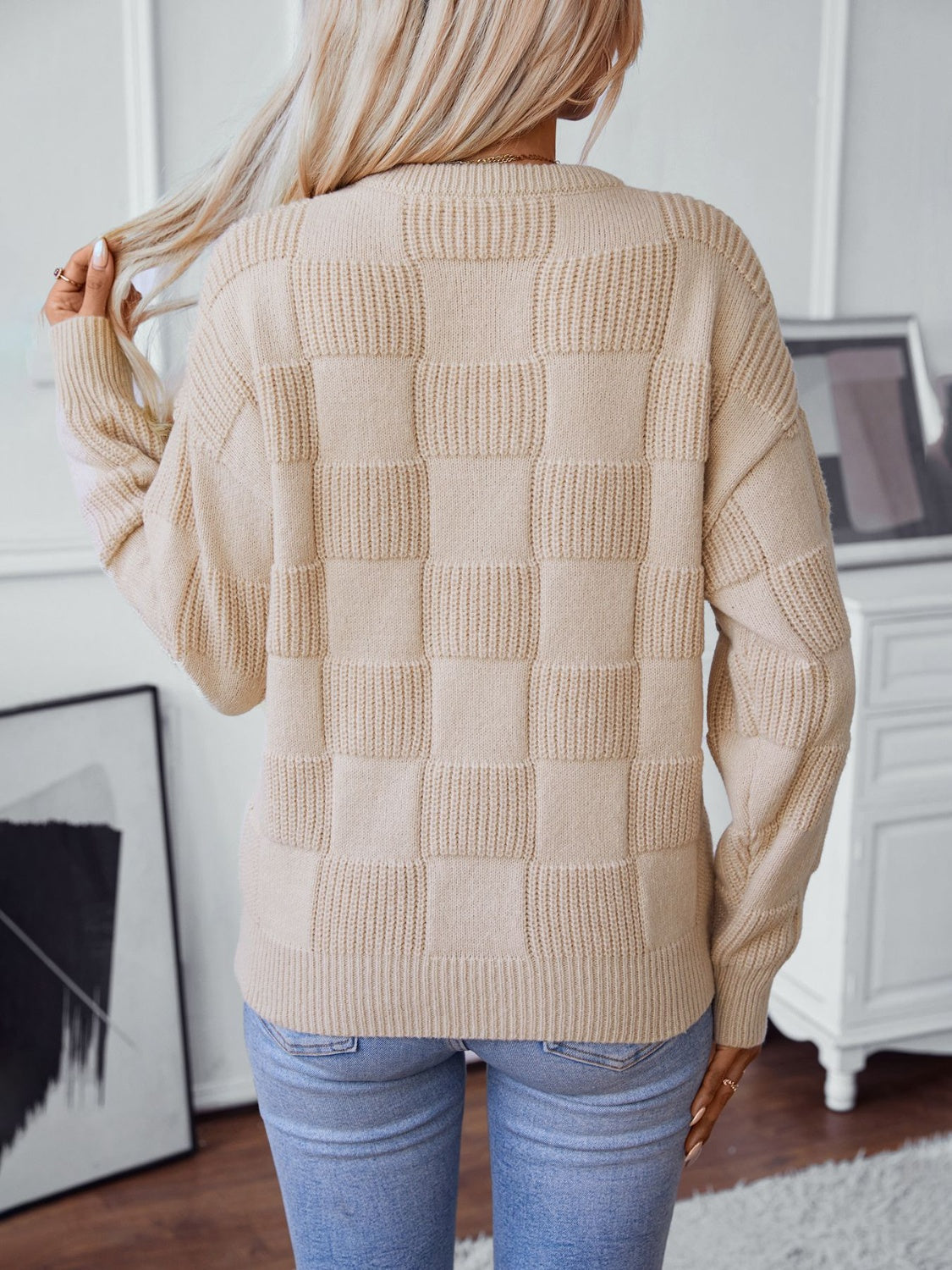 Checkered Round Neck Long Sleeve Sweater - Celeste    