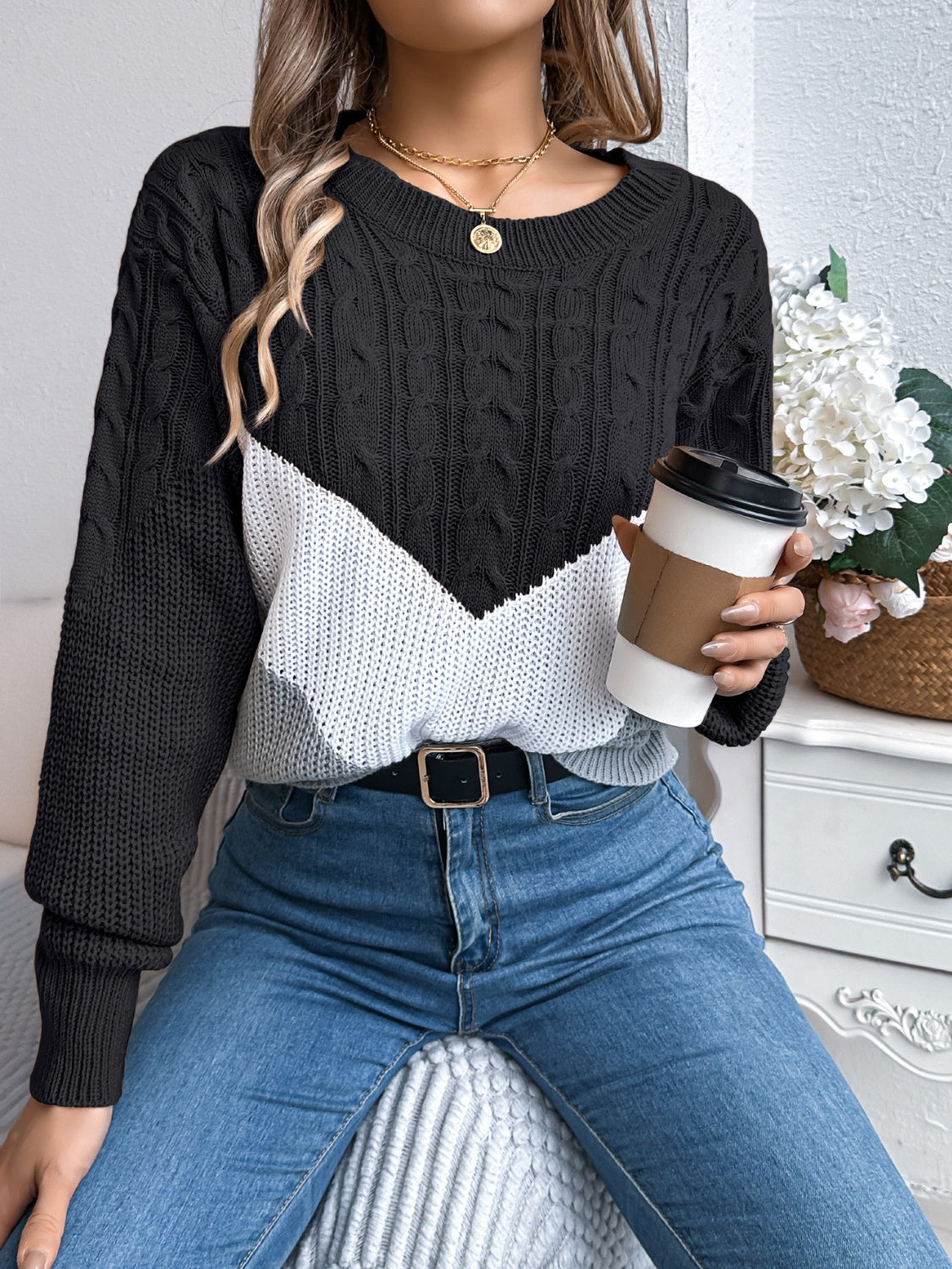 Cable-Knit Color Block Round Neck Sweater - Celeste    