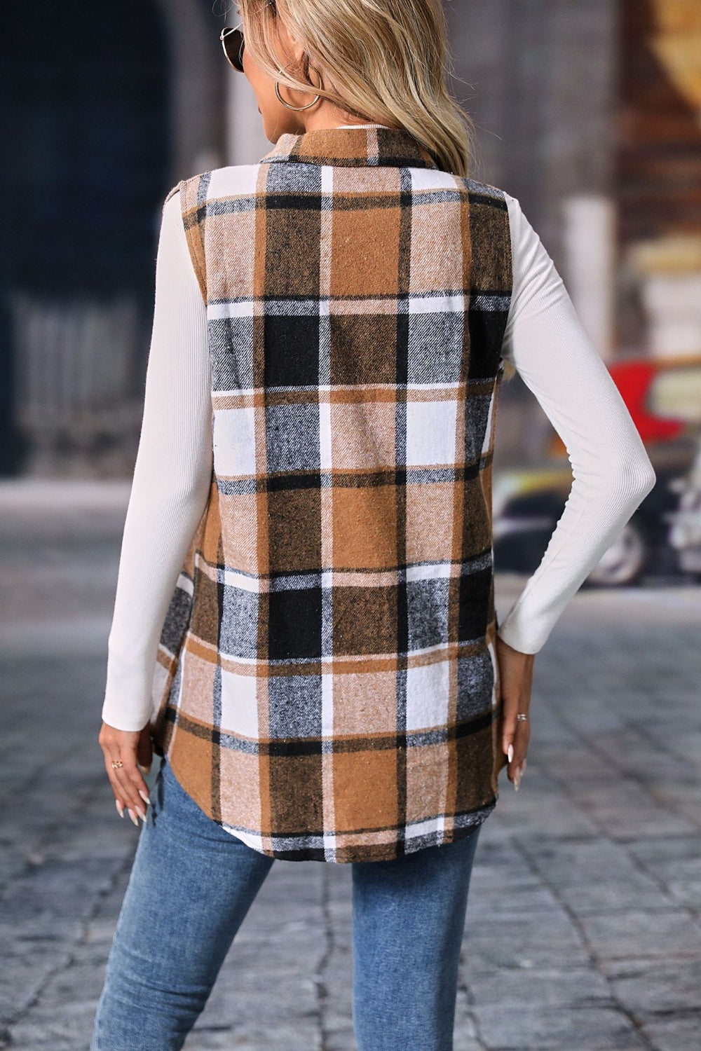 Plaid Button Up Vest Coat - Celeste    
