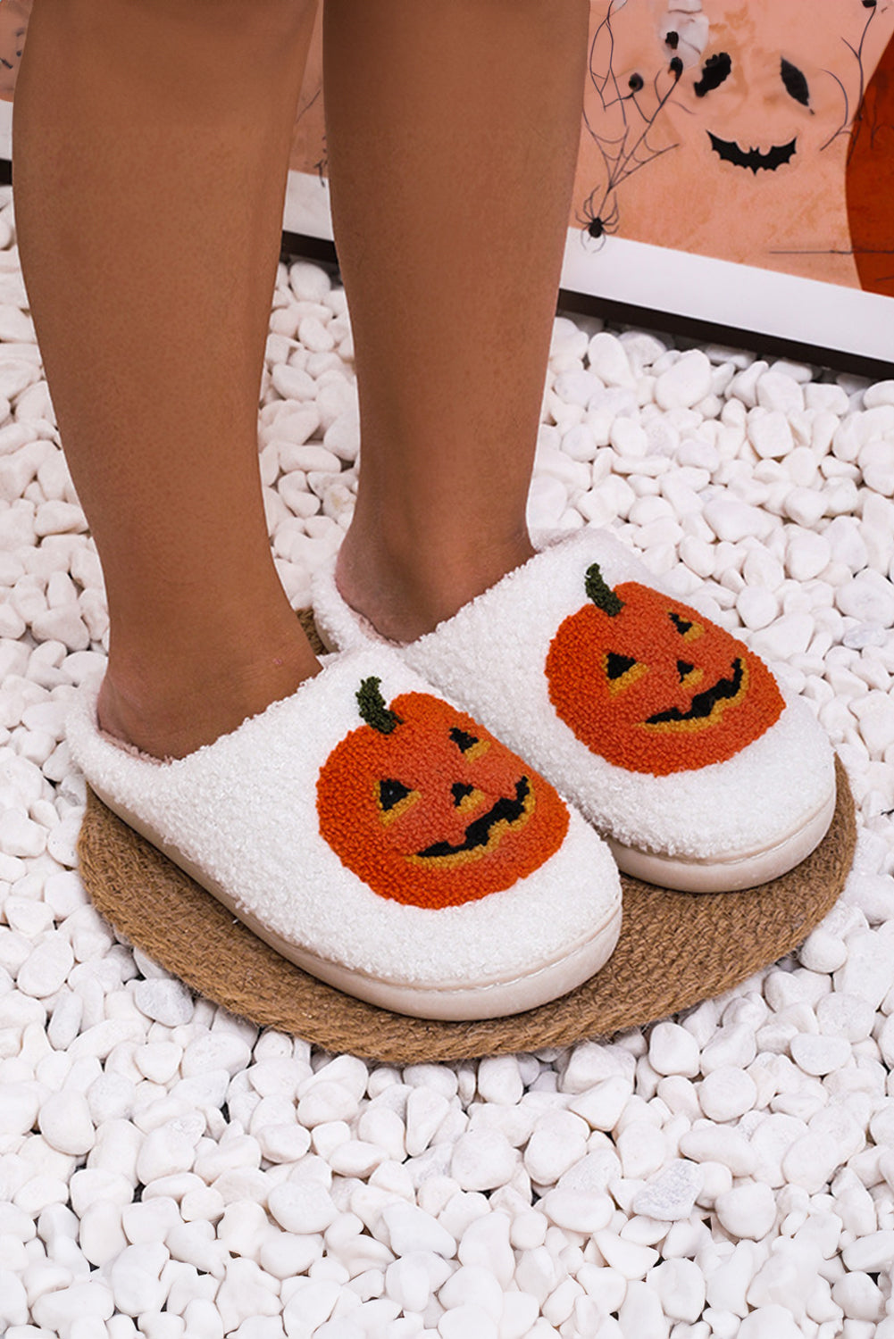 White Halloween Pumpkin Print Plush Slippers (Runs Small, Size Up) - Celeste  Shoes & Bags/Slippers  