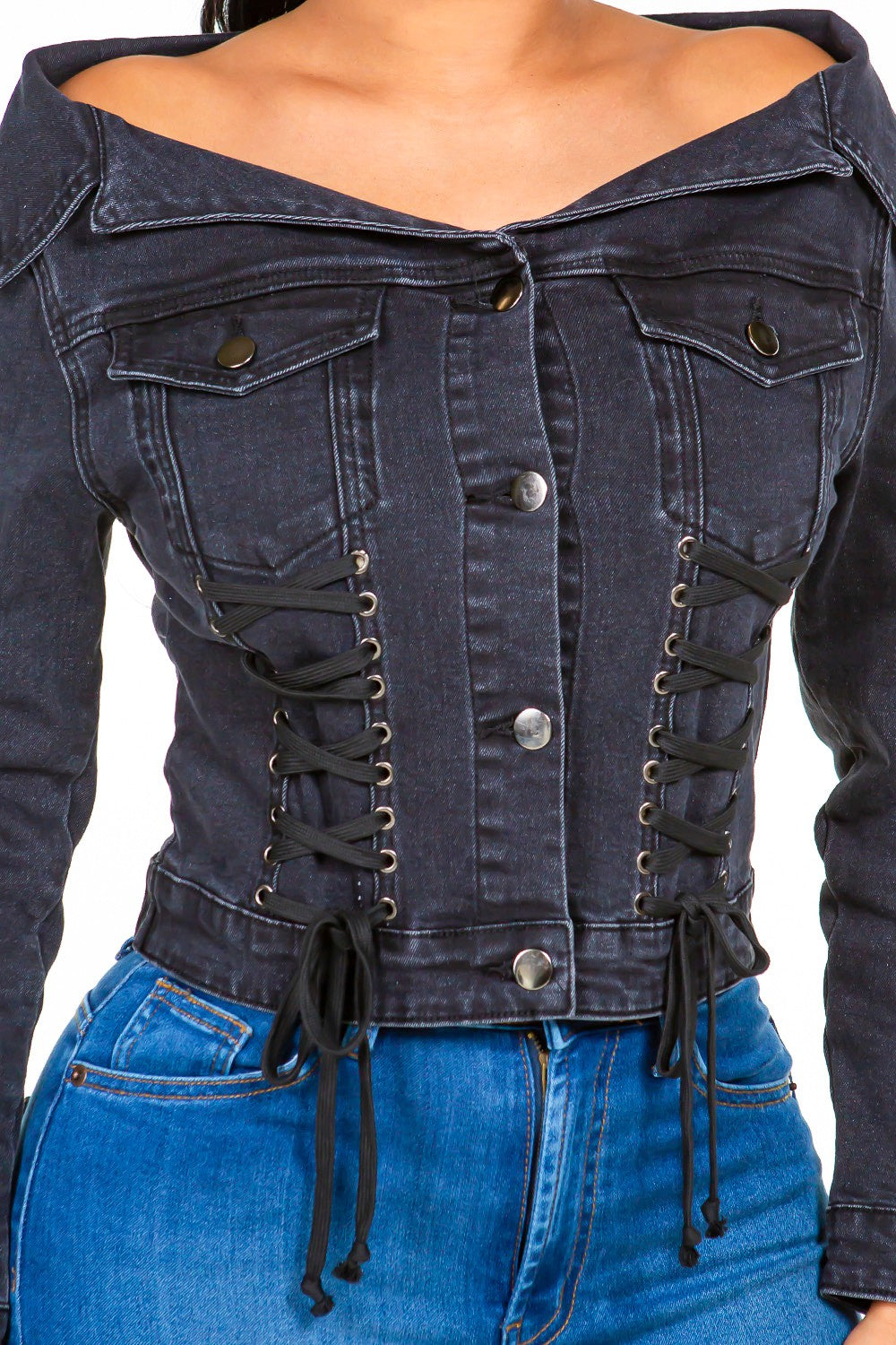 American Bazi Off Shoulder Lace Up Denim Jacket - Celeste    