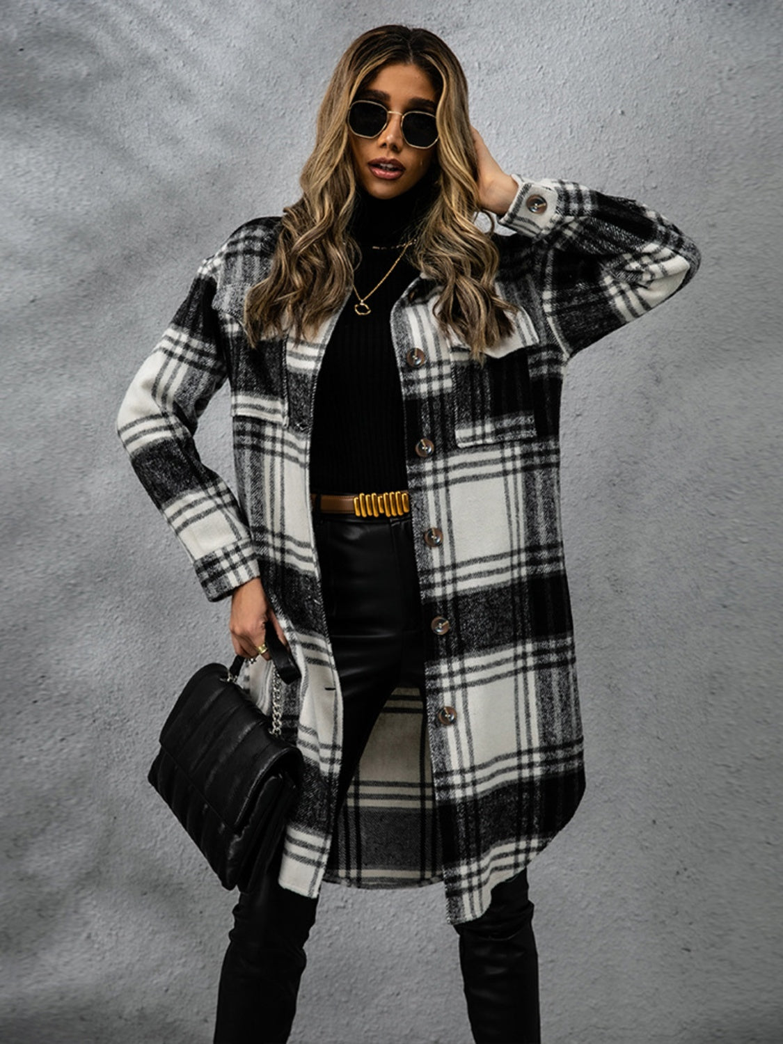 Plaid Collared Neck Long Sleeve Coat - Celeste    