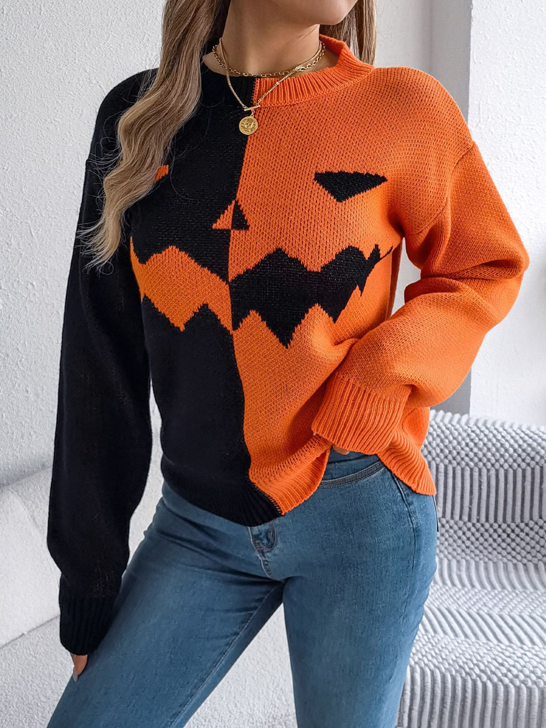Contrast Round Neck Long Sleeve Sweater - Celeste    